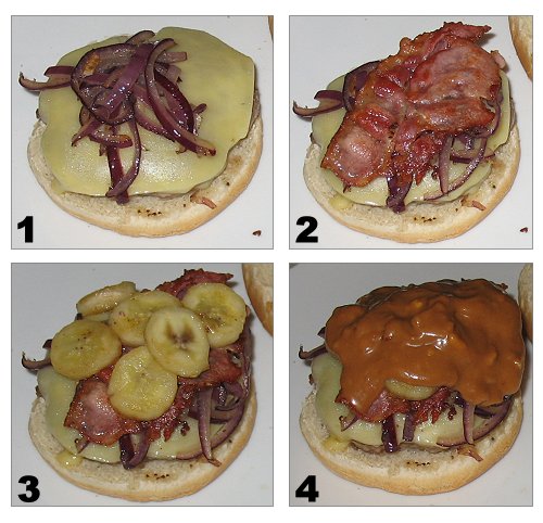 Der Elvis Burger wird zusammen gebaut Der Elvis Burger wird zusammen gebaut