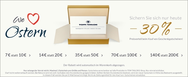 Nur heute Gutscheine bei Tom Tailor mit 30% Rabatt kaufen